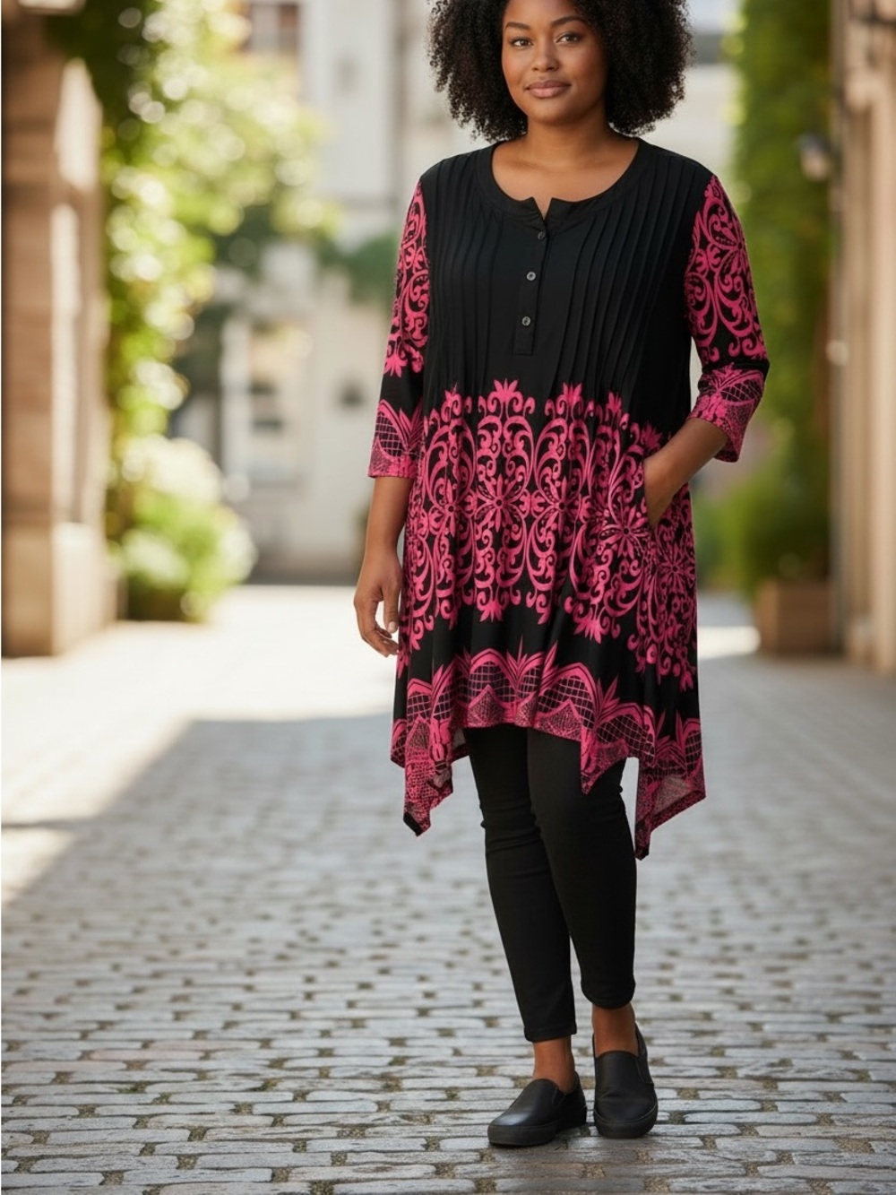 White Mark Black Tunic with Pink Ornate Print